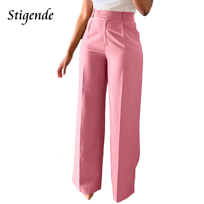 Stigende Wide Leg Straight Dress Pants with Pocket Women Plain Color Business Casual Pants Loose Fit Midi Waist Office Trousers 250304