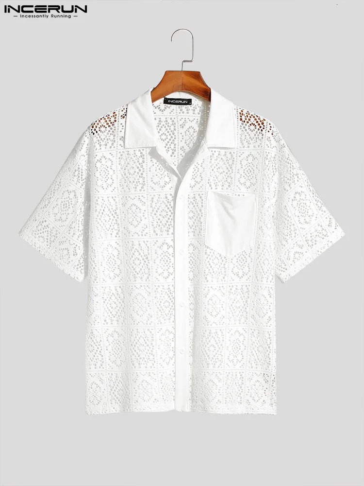 Fashion Casual Style Mens Tops INCERUN Hollow Lace Pane Flower Printed Blouse Male Knitted Short-sleeved Shirts S-5XL 250304