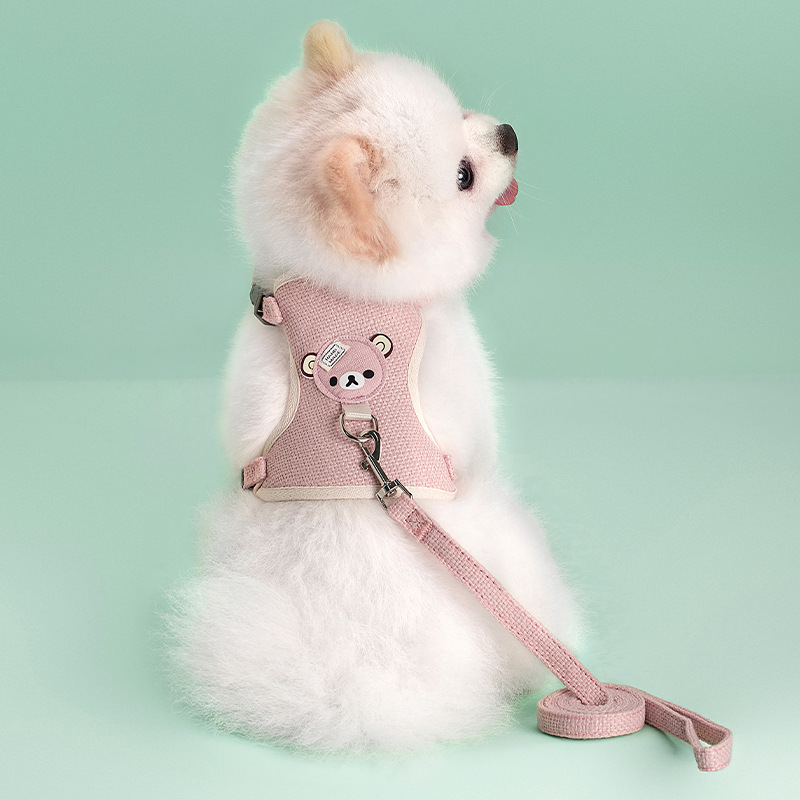 Cute Dog Harness and Leash Set, Linen Material Breathable Lightweight Easy Walk Escape Proof Vest Harnesses with Safety Buckle for Small Medium Dogs, 