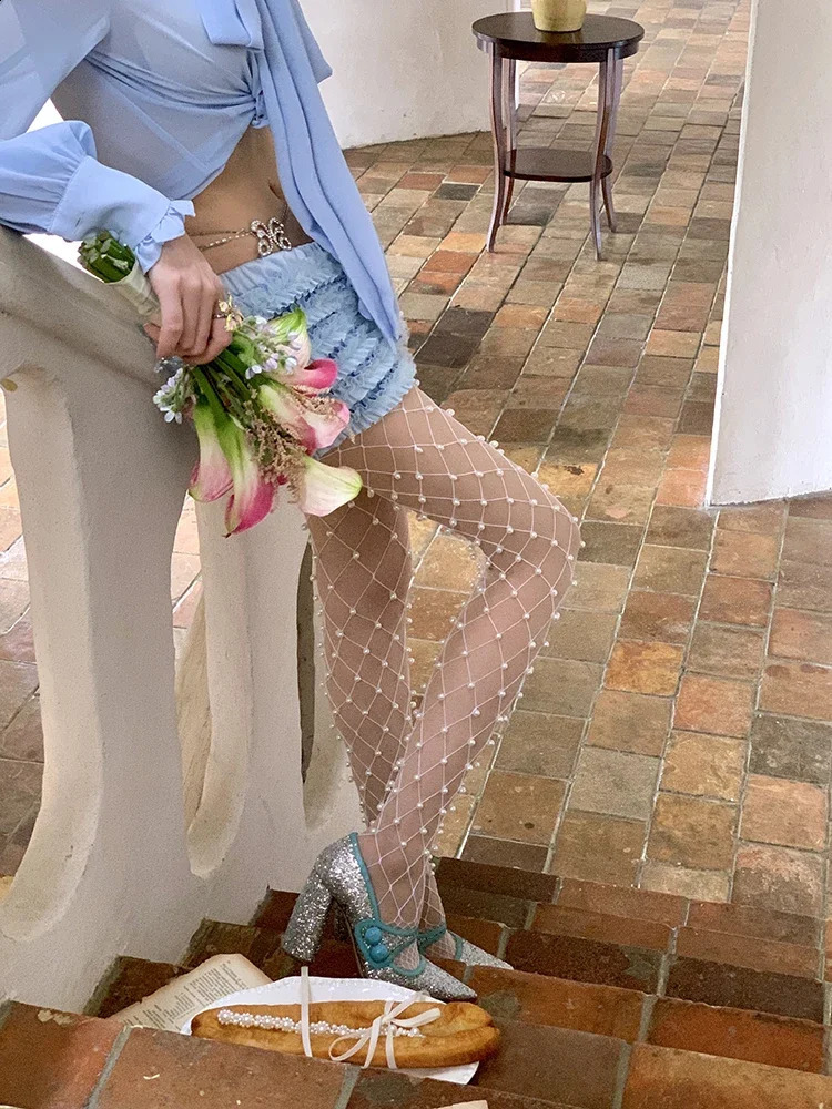 Stocking silk mesh three sided pearl decoration hollow solid color thin sexy fashionable casual long socks four seasons global 250304