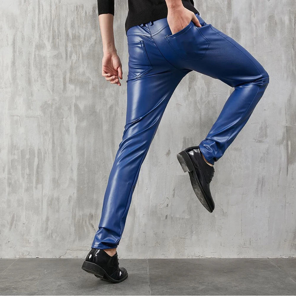 Mens Leather Pants Skinny Fit Stretch Fashion PU Trousers Party Dance Thin Streetwear 250304