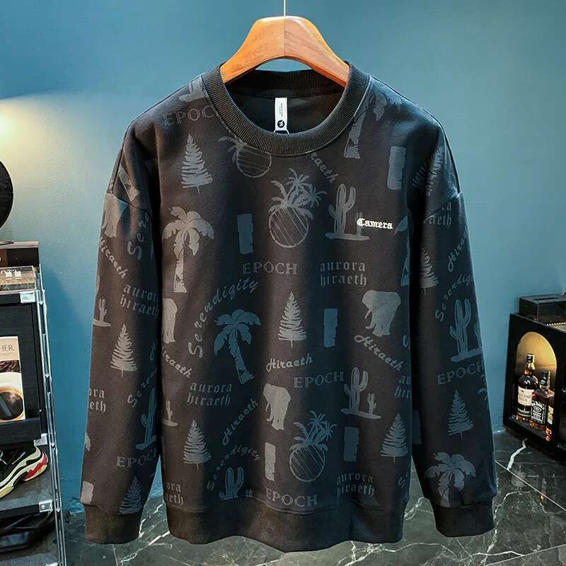 Autumn New Printed Men's Fashion Brand Loose All-Match Round Neck Sweater Outer Wear Long Sleeve Pullover Jacket