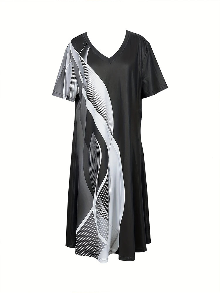 Plus Size 2024 Spring and Summer Womens Loose Casual Vneck Short Sleeve Dress Irregular Pattern Dresses 250225