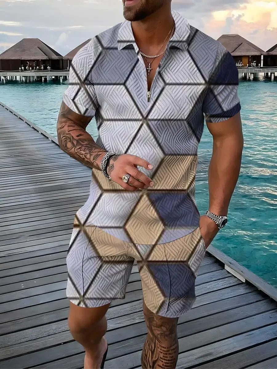 Summer Fashion Mens 3D Print Polo Shirts Short Sleeve Short Pants Color Gradient 2 Pcs Sets Golf Tracksuit Casual Beach Holiday 250304