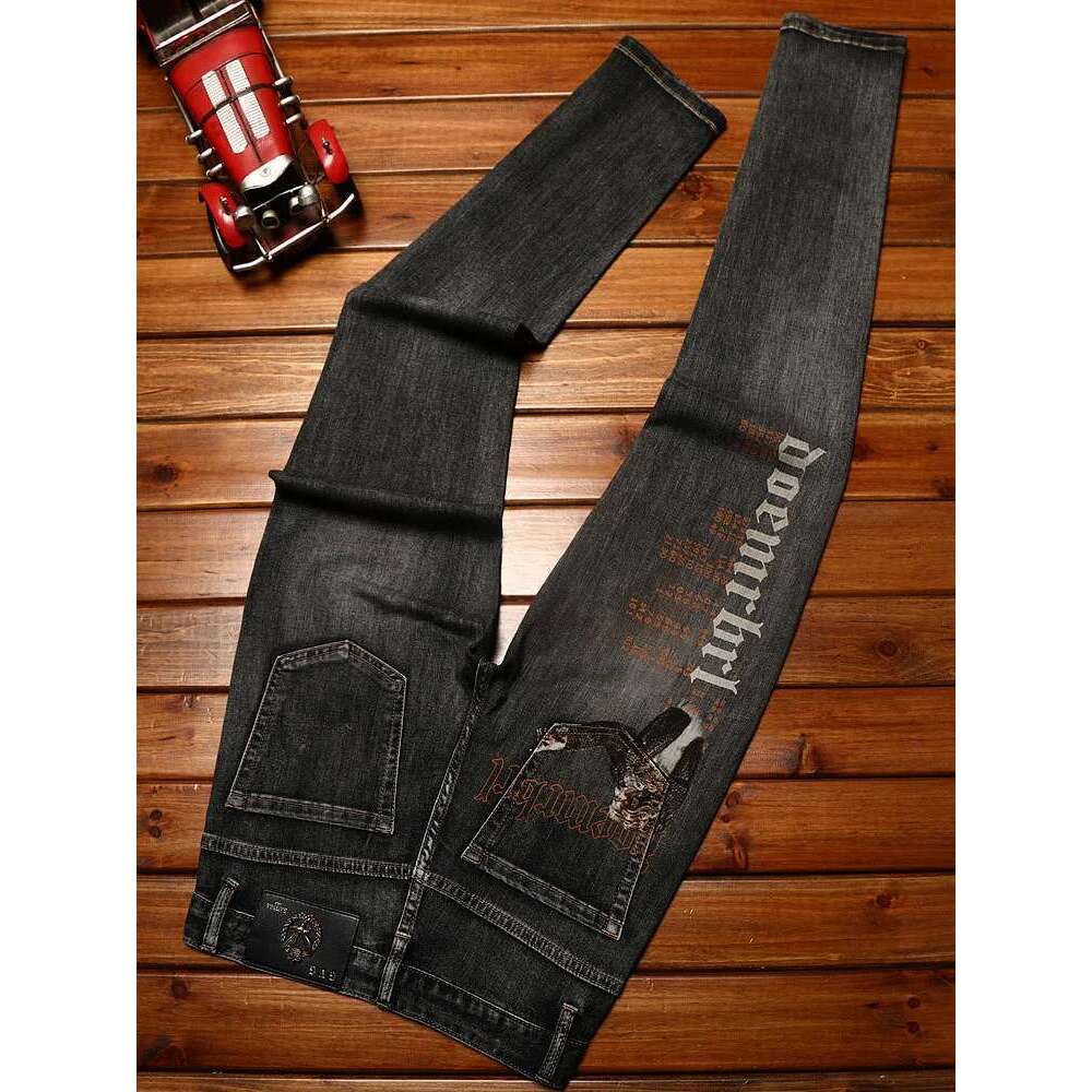 Trendy Printed Jeans For Men's Autumn 2025 Elastic Slim Fit Small Feet Casual Washed Denim Light Pants