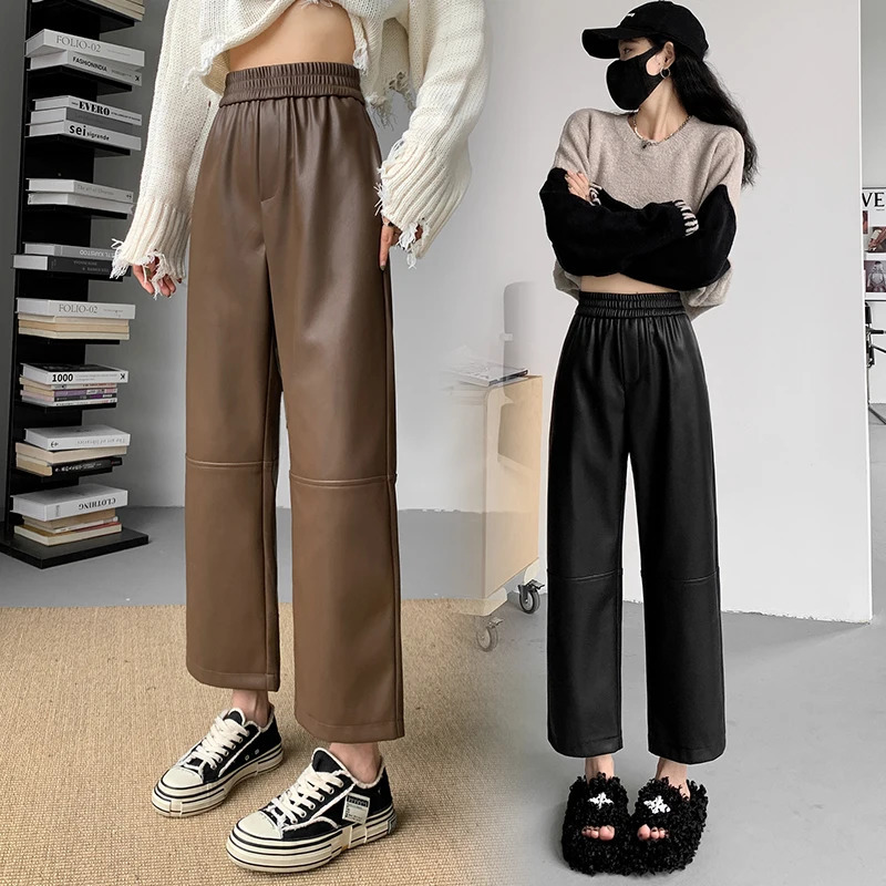 Autumn Winter PU Leather Womens Ankle Length Pants 2024 Korean High Waist Black Straight Loose Pocket Female 250304