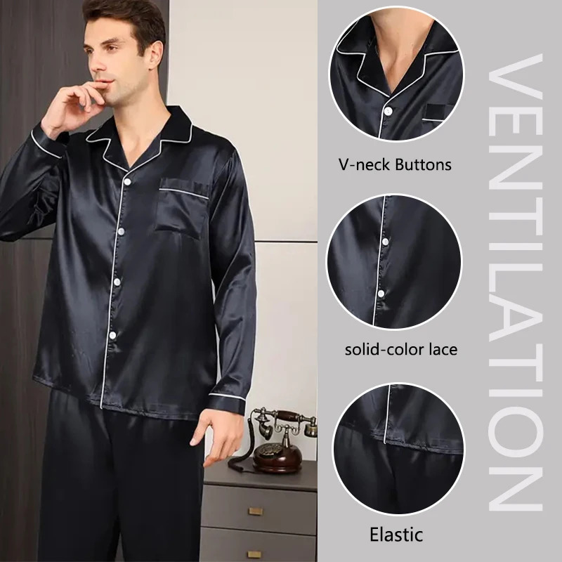 2PCS/Set Plus Size Solid Long-Sleeved Pyjamas Men Spring and Autumn Silk Sleepwear Homewear Cardigan Lapel Trousers Nightwear 250304