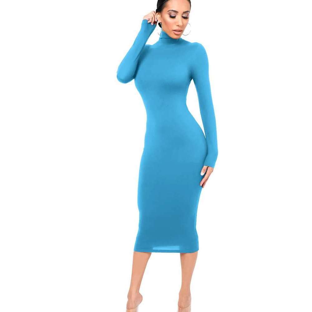 Black Winter Turtleneck Sexy Women Dress Autumn Long Sleeve Skinny Midi Boydcon Casual Blue Plush Knee-Length Party Club KLMY
