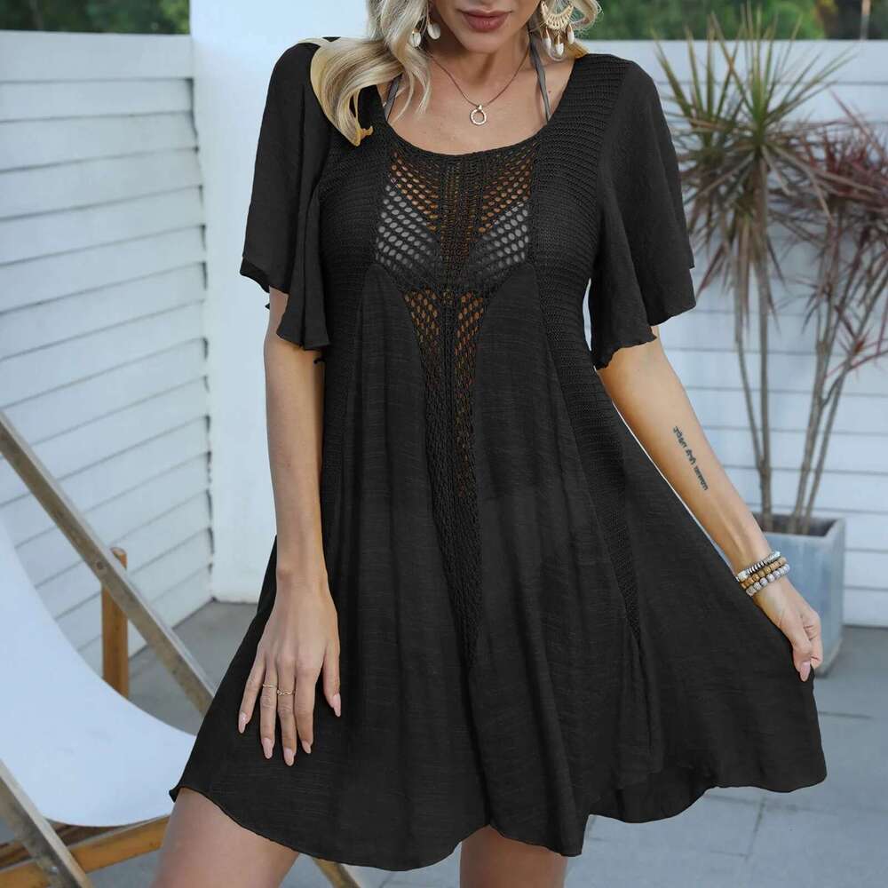 New 2024 Fringe Tassel Embroidery Half Sleeve Tunic Cover Up Cover-Ups Long Dress Beach Wear Beachwear Female Women Km-Ly -Ups