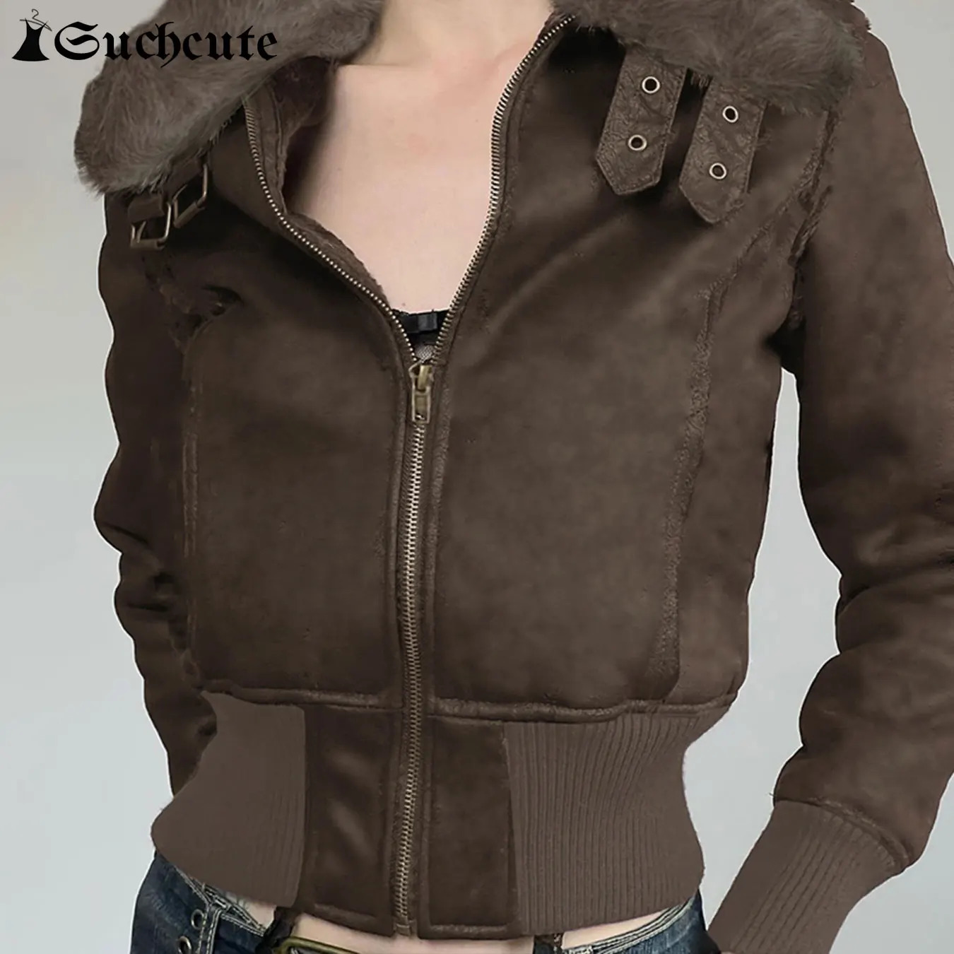 SUCHCUTE Brown Suede Trench Coat Vintage Zipper Outerwear Skinny Padded Jacket Streetwear Fashion 2024 Winter Female Warm Clothe 250304