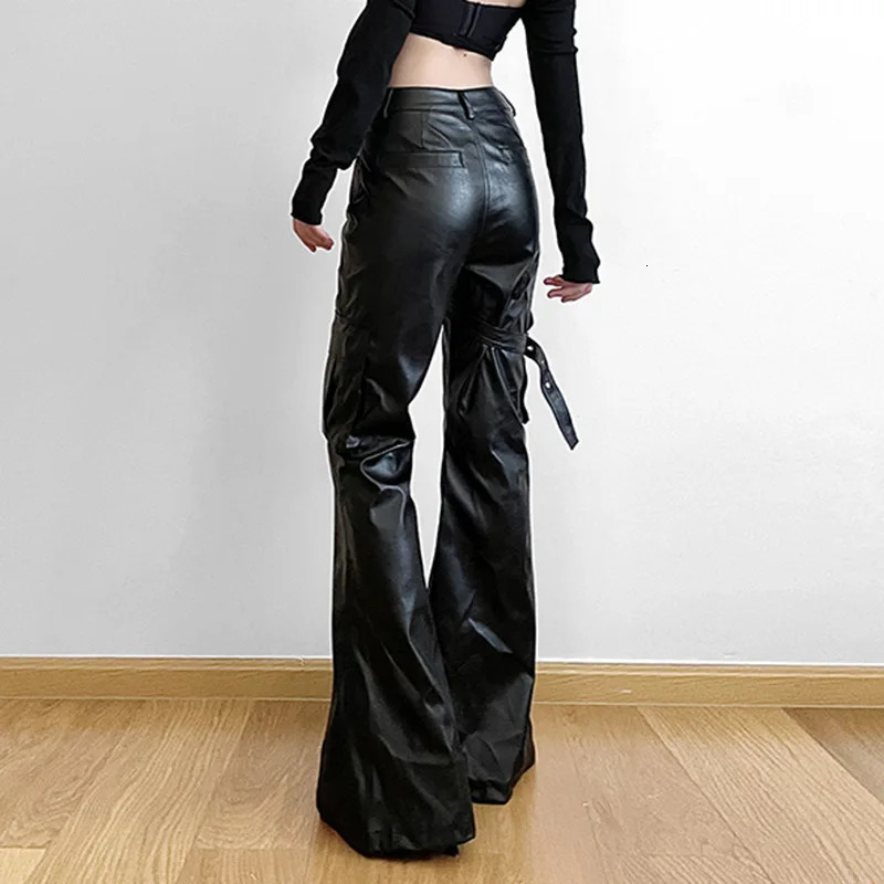 Vintage Leather Pants Women Streetwear Fashion Baggy PU Wide Leg Cargo Trousers Y2k Straight Pantalon 250304