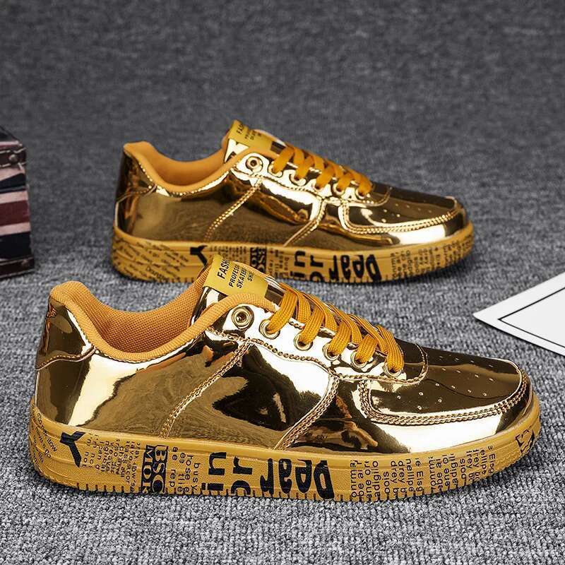 New Gold Couple Casual Glitter Sneakers Hip-hop Streetwear Skateboard Shoes Men Flat Designer Footwear