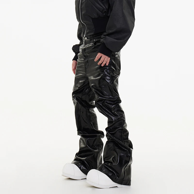 PFNW Spring Mens Jeans Loose Wide Leg Coating Glossy Patent Leather Straight Male Denim Pants Niche Style 12C509 250304