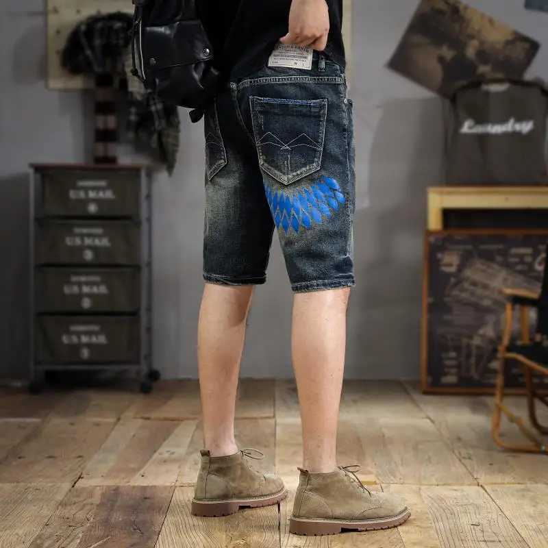 New American washed printed denim shorts mens trend handsome scraping summer Slim straight five pantsT250305