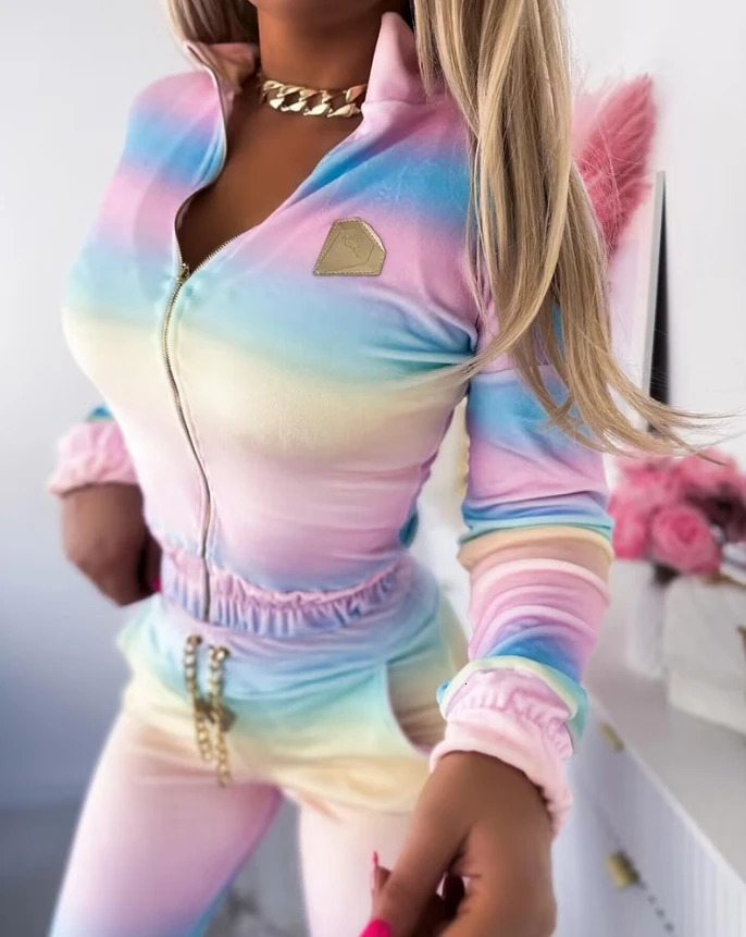 Casual Womens Three Piece Gradient Printed Chain Top and Pocket Pants Slim Fit Set Paired with Zippered Long Sleeved Jacket 250304