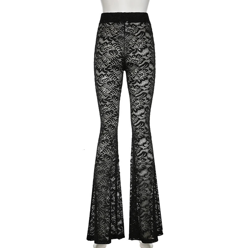 Darlingaga Fashion Black Skinny Lace Trousers Full Length Solid Transparent Sexy Party Thin Flared Pants Vintage Elegant Bottoms 250304
