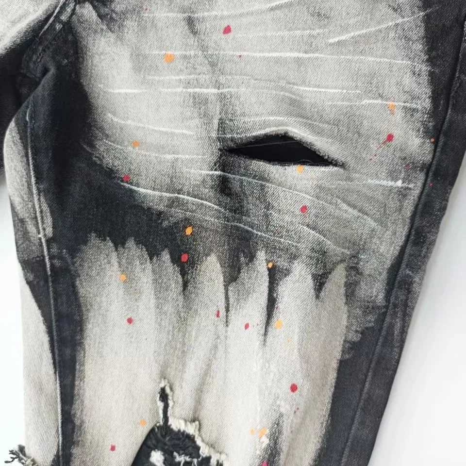 Fashion Tide Anti-Aging Tie-Dye Spray Paint Slim Fit Casual Black Denim Shorts Mens Summer Knee Length ShortsT250305