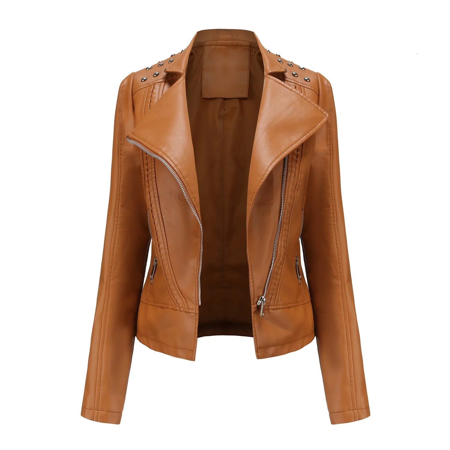 Womens Punk Rivet Leather Jacket Spring Autumn Retro Turndown Collar Slim Casual Ladies Faux Soft Moto Biker Outerwear 250226