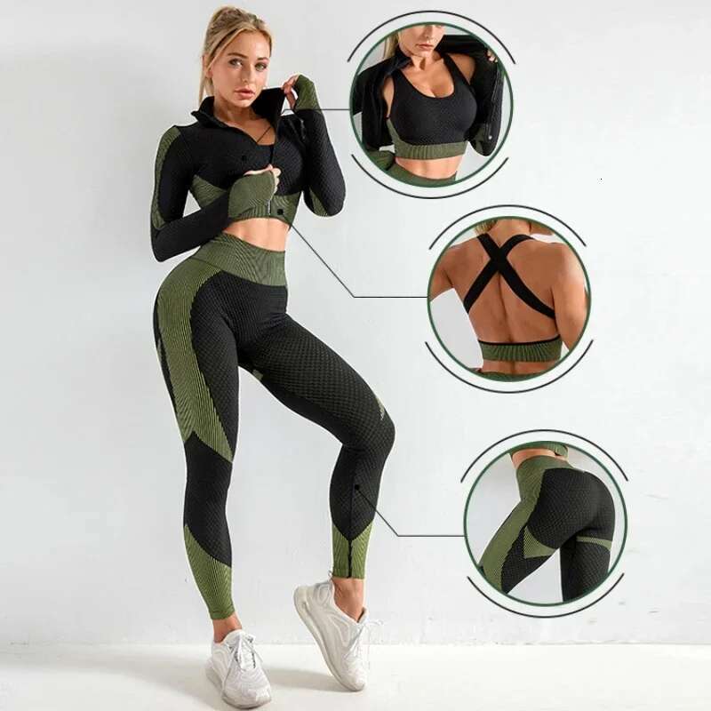 Popular Seamless Knitted Yoga Wear For Autumn And Winter, Sexy Butt-Lifting Fiess Sports Three-Piece Set