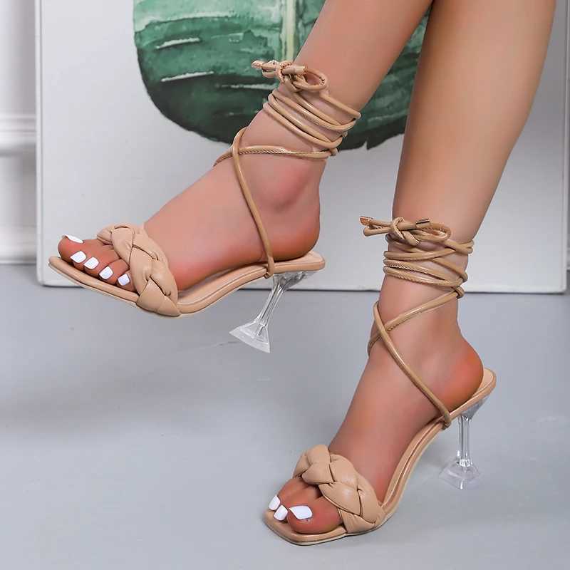 2022 New Summer Fi Design Weave Women Sandals Transparent Strange Sexy Crystal High Heels Ladies Stilettos Square Toe ShoesXJ2500305