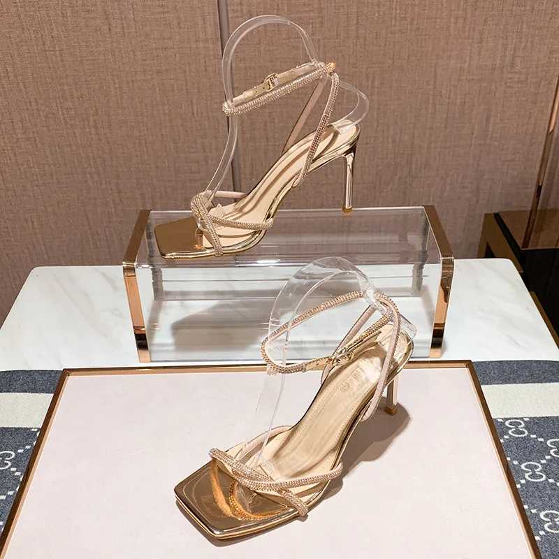 2023 Summer New Women Sandals Fairy Style Square Head Sier Rhine Slim Band Temperament and Word Band Versatile High HeelsXJ2500305
