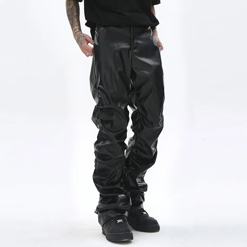 Hip Hop mens pleated Pu leather pants Harajuku retro streetwear loose casual straight solid color black 250304