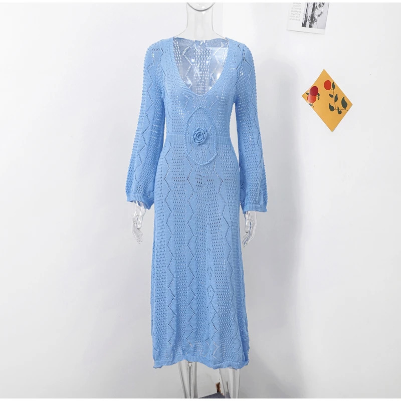 Elegant Women Hollowed Out Knitted Long Dress Summer Sexy See Through Sleeves Plunging Neck Beach Dresses 250304