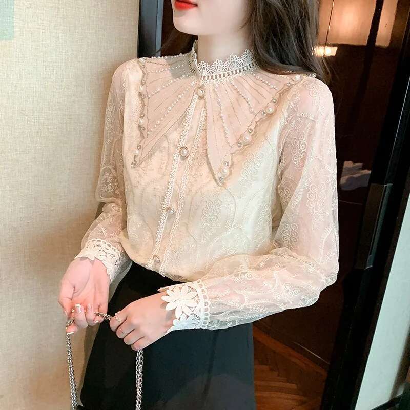 #2544 Vintage Lace Blouse Women Ruffles Collar Split Joint Buttons Pullover Womens Tops And Blouses Long Sleeve France Style
