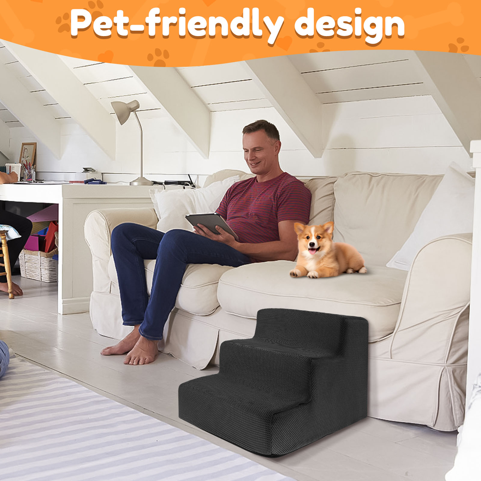 3 Step Stair Dog/Cat Ramp Ladder Washable Pet Stairs with Removable Cover Memory Foam Sponge Dogs Pet Ramp Stairs Pet Supplies