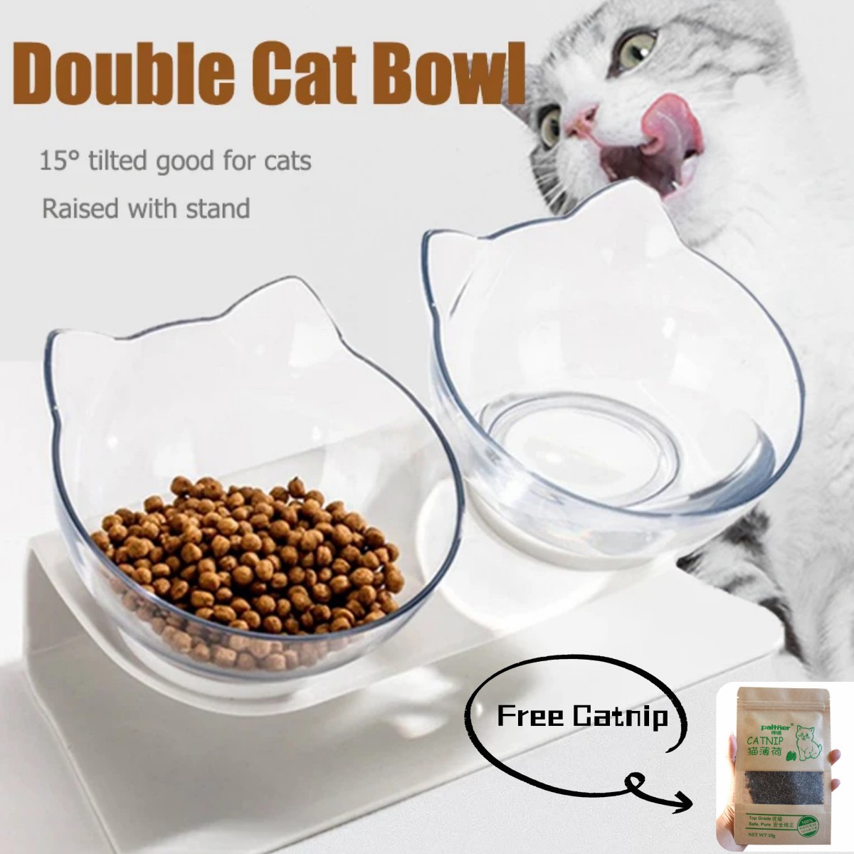 Non-slip Double Elevated Cat Bowls with Stand,Free Catnip,Neck Guard Pet Feeder Bowl for Cat，Water and Feeding Supplies for Pets