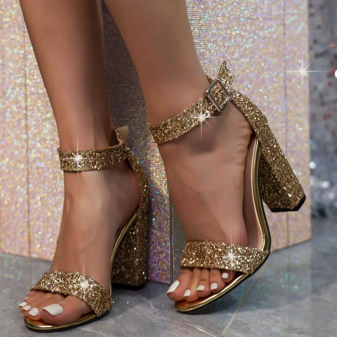Xibeilove 2024 New Luxury Women Sandals Shiny Bow Sequins Gold Ornamental Buckle Thick Heels High Heels Party Wedding ShoesXJ2500305