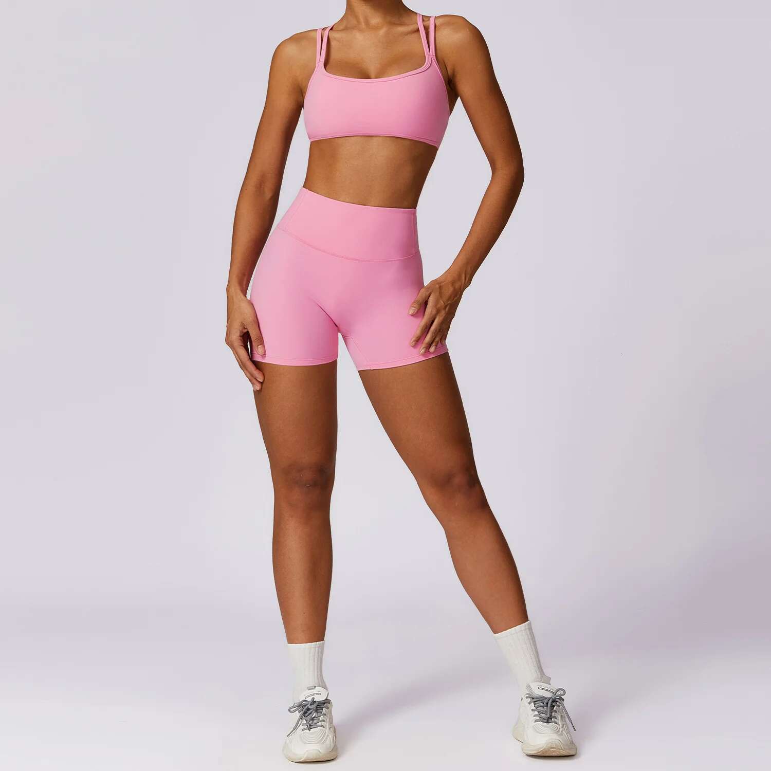 2 Piece Gym Outfits Women Tracksuit Sets High Waist Legging Shorts And Open Back Sports Bra Fiess Suit Yoga Clothing