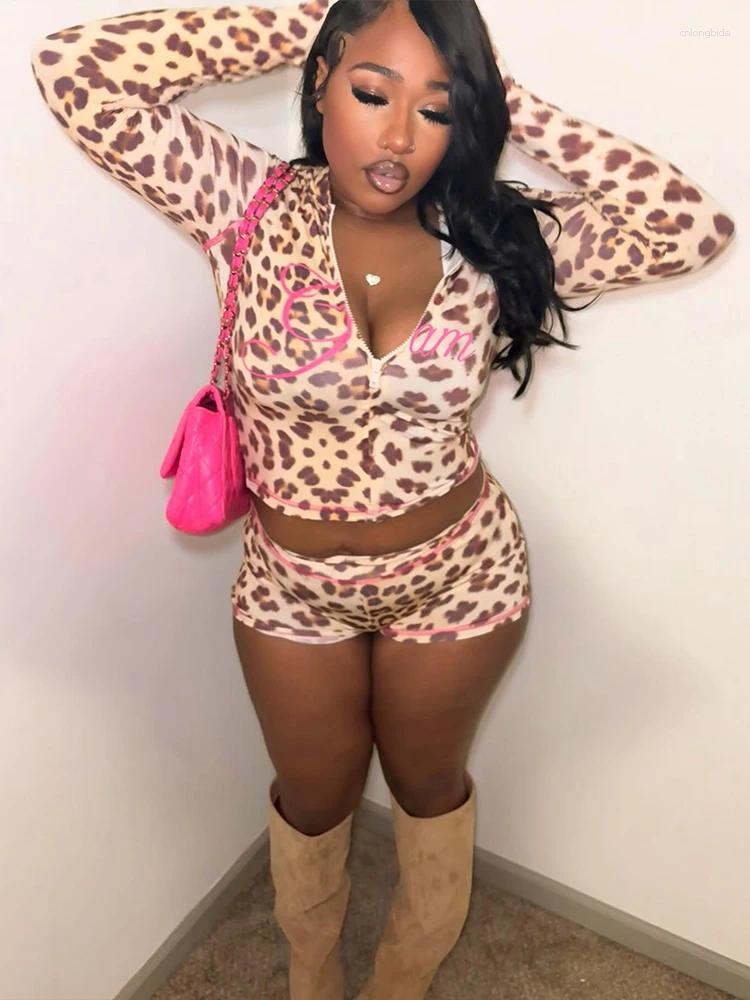 Womens Tracksuits Nibber Sporty Women Tracksuit 2 Piece Set Letter Print Leopard Zip Hooded Jacket Biker Shorts Matching Stretch Activity