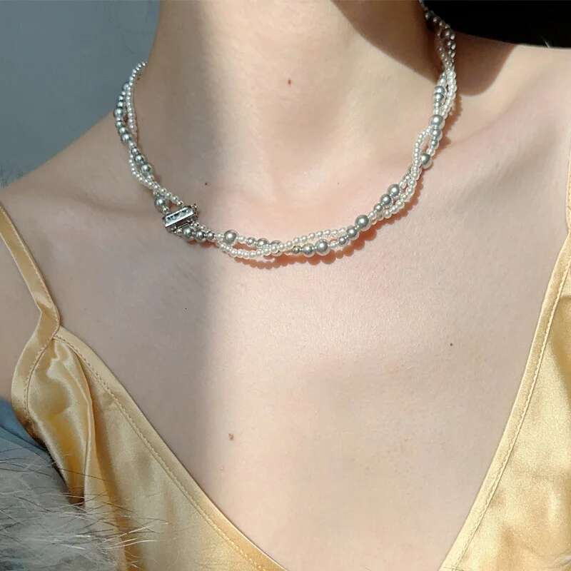 Fashion Imitation Pearl Wrapped Double Layer Magnetic Buckle Neck Chain Choker Necklace Jewelry Gift