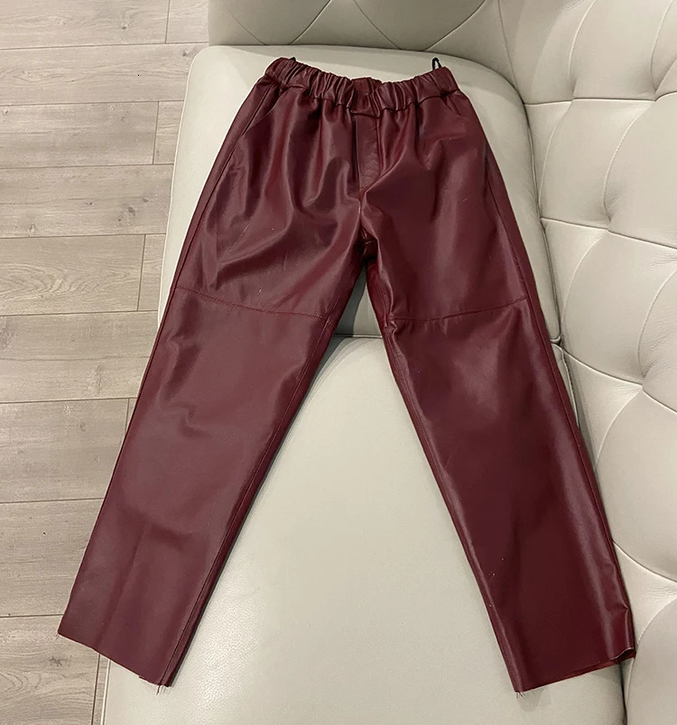 Genuine Leather Harem Pants Real Sheepskin Trousers High Waist Women 2024 Elastic Streetwear 250304