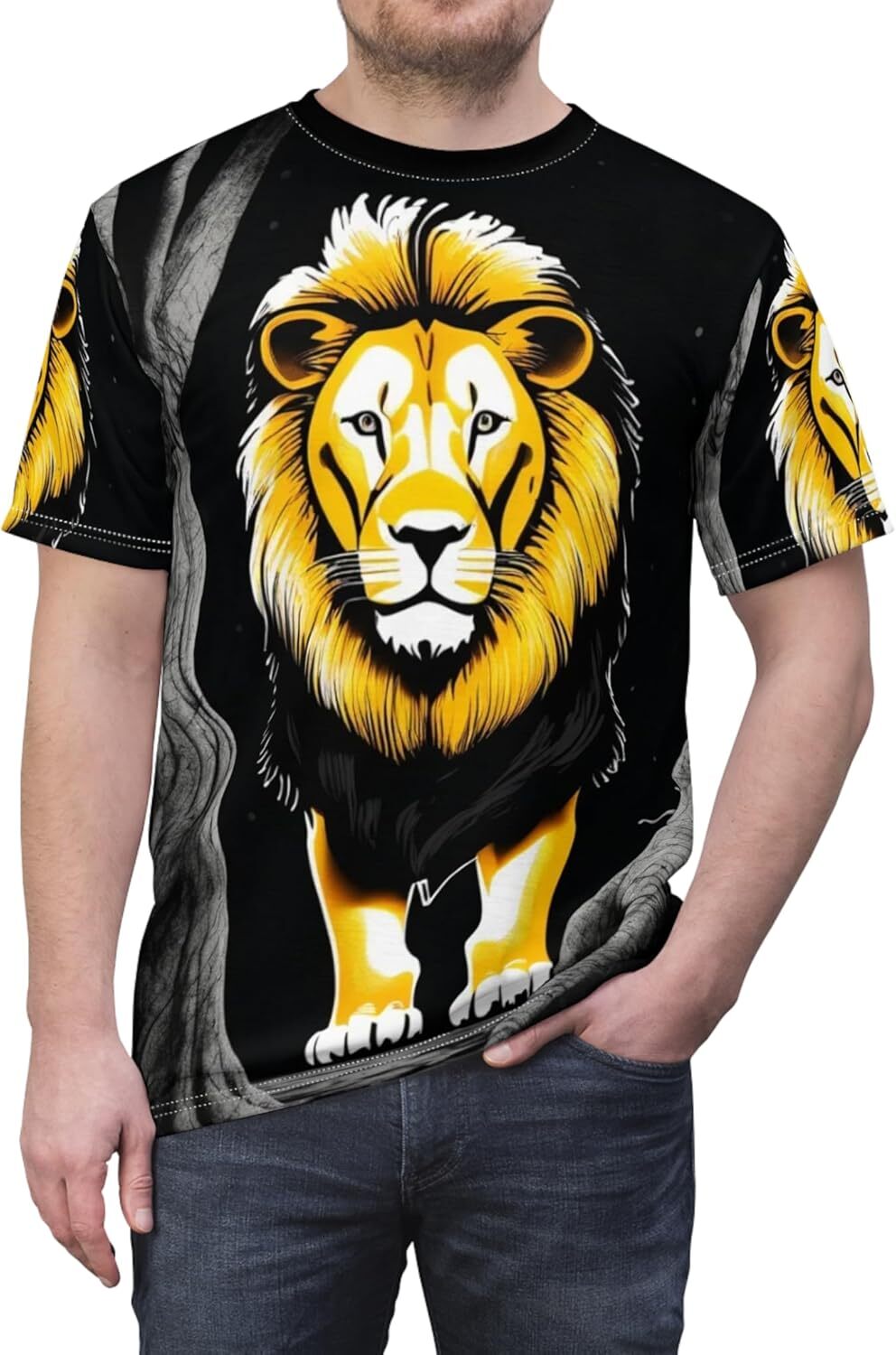 Mens T shirt t-Shirt Lion 3D Shirt All Over Print The Male Lion Stands in The Dark, Behind are Two Large Old Trees tee Casual tops summer clothes