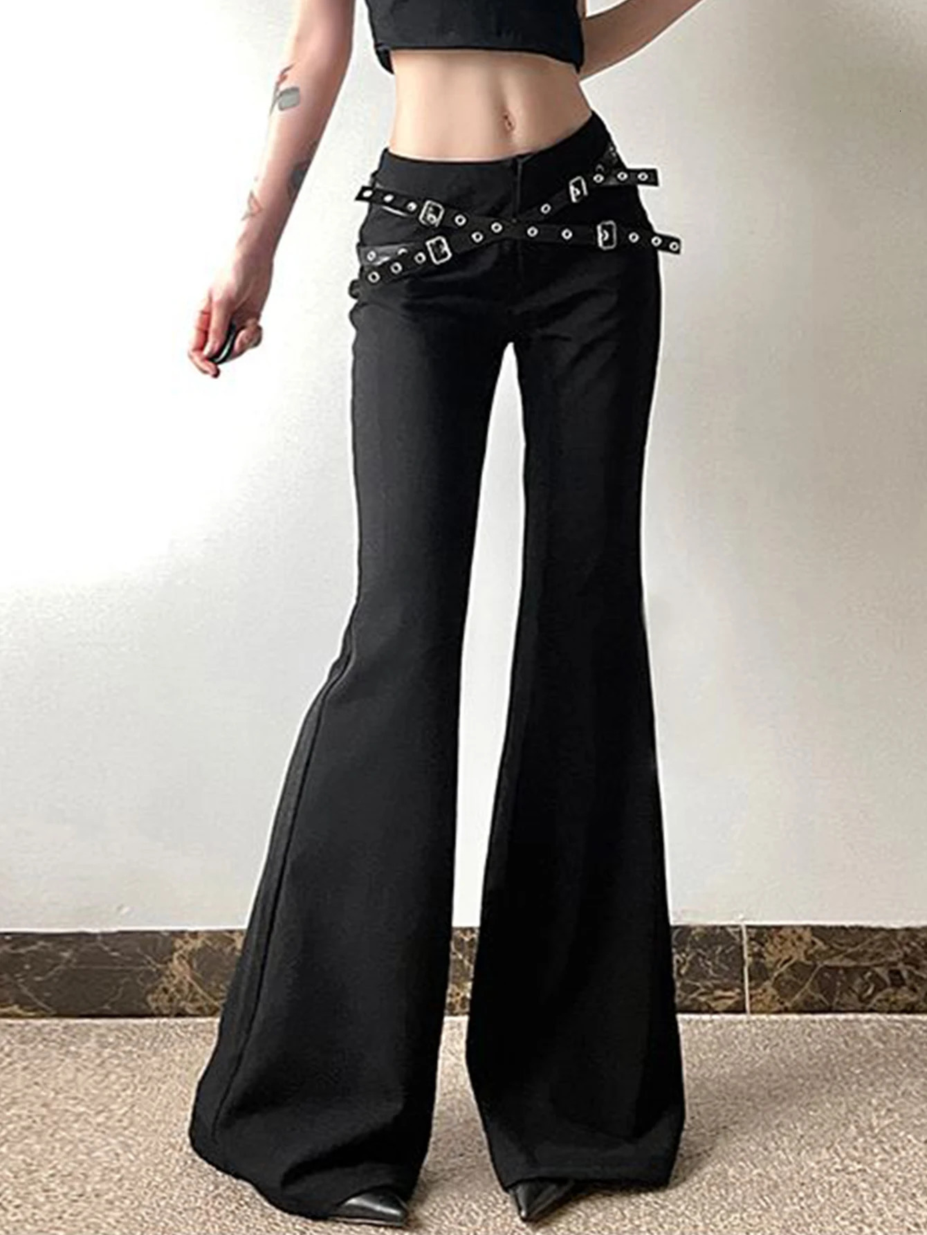 Summer European And American Style Bell Bottoms Fashion Womens Trend Leather Buckle Waist Tight Trousers Woman 250304