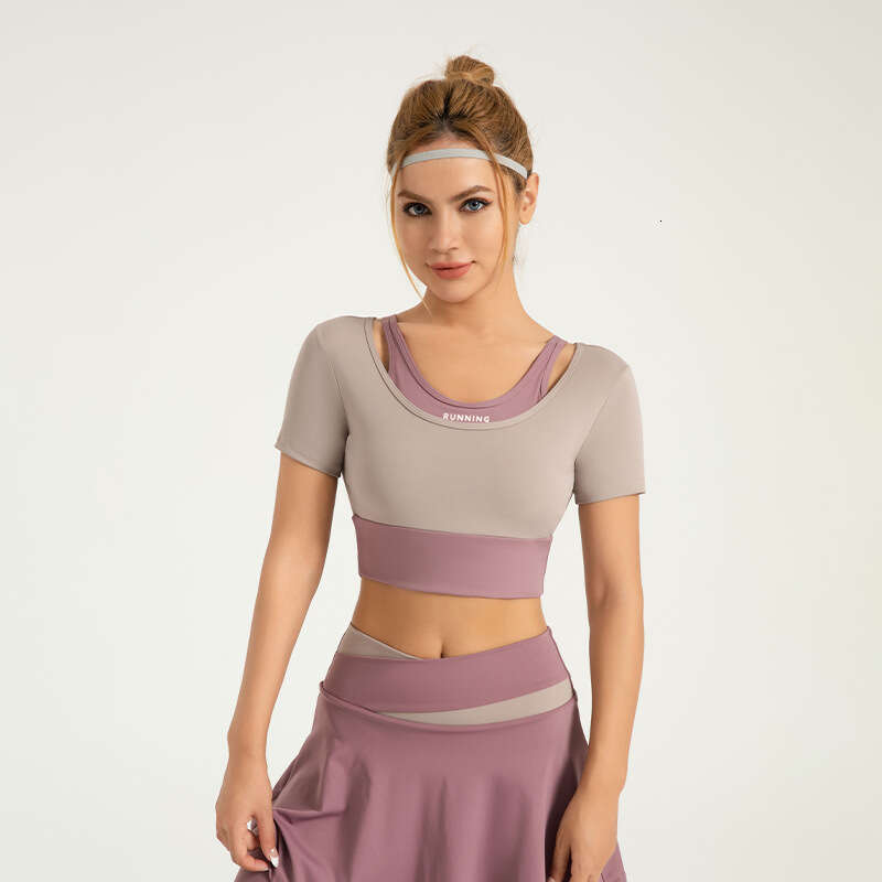 Special Zone Color Blocked Fake Two Piece Yoga Short Sleeved Non Wear Bra Sports Top KLMY