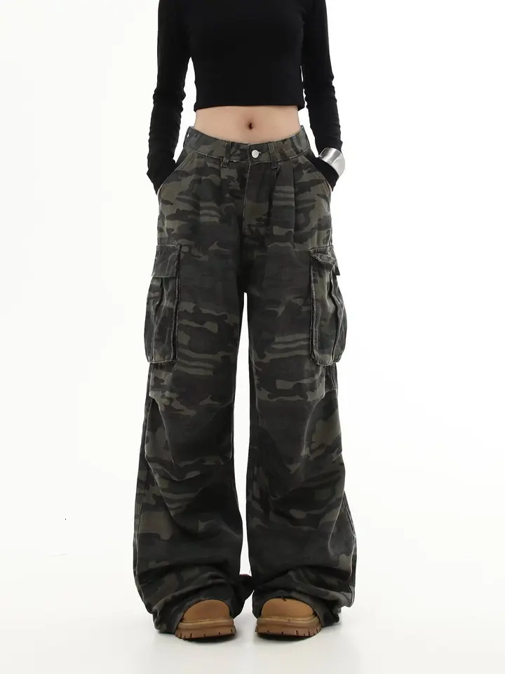 Camouflage Cargo Pants Women Y2K Streetwear Low Rise Jeans Retro Wide Leg Trousers Denim Straight Trousers Harajuku 250304