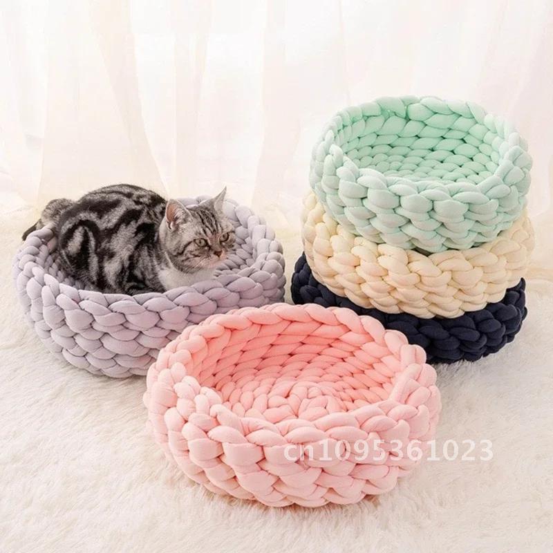 30cm 35cm Round Crocheted Cats Beds Kitten Soft Puppy Cushion Bed Chunky Handmade Dog Supplies Pet Mats