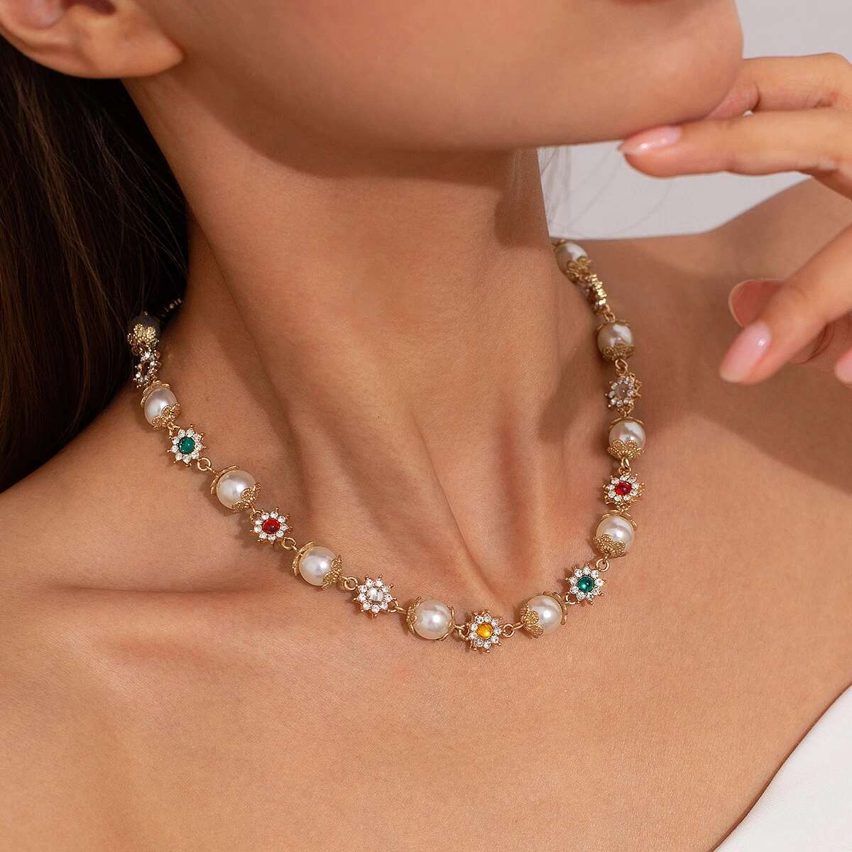 Salircon Rhie wers Beads Choker Necklace for Women Elegant Imitation Pearl Clavicle Chain Wedding Party Jewelry
