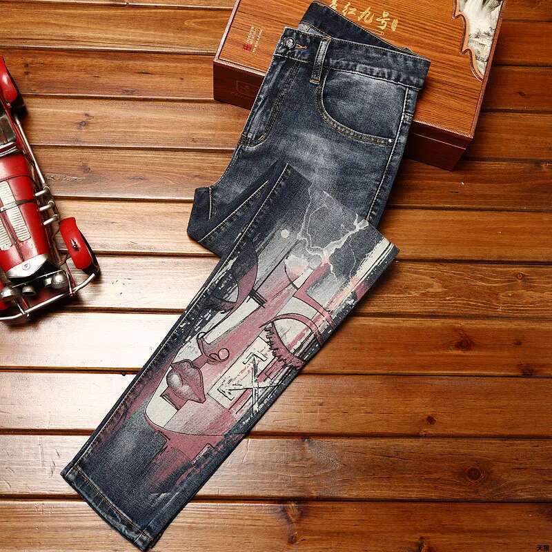 High-Grade Printed Fashion Jeans Men's Slim Fit Light Casual Trend Washed Stretch Denim Long Skinny Pants