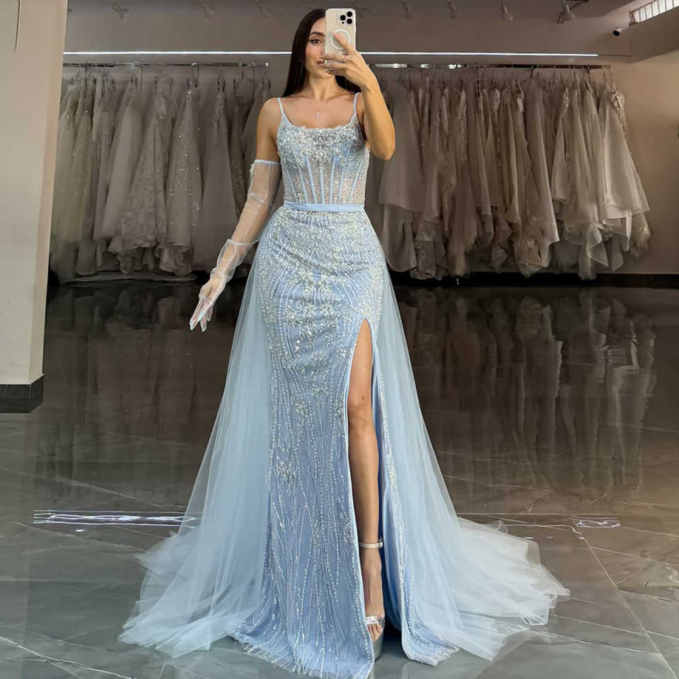 Elegant Mermaid Evening Dresses For Women Spaghetti Strap Sleeveless Gown Appliques Sequins Detachable Train Party Customized Dress