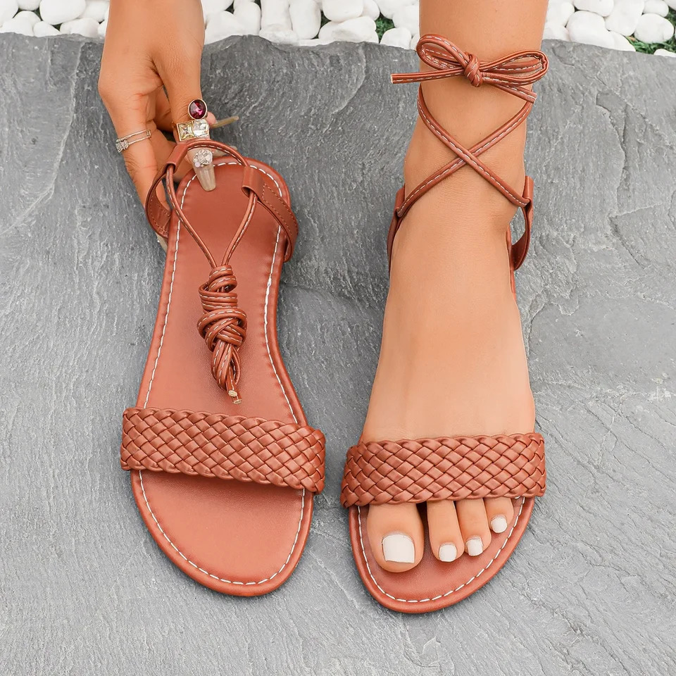 Latest womens flat sandals with woven straps womens shoes in brown comfortable shoes with straps cool slippers 250228