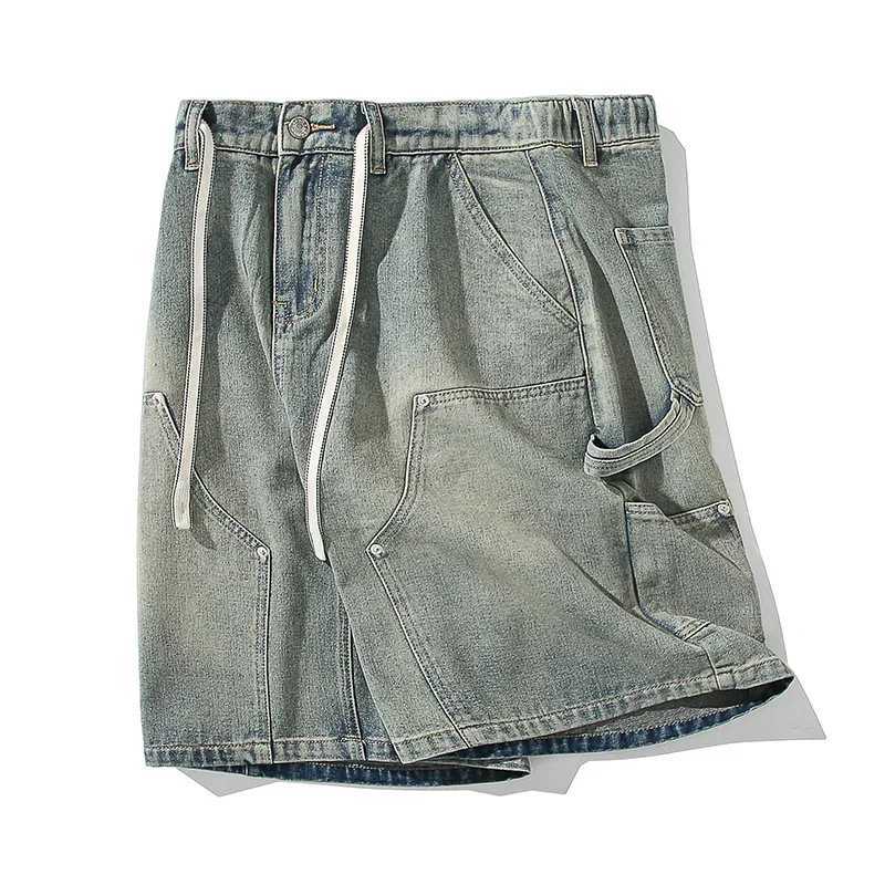 Summer High Street Straight Denim Shorts for Men Retro Loose Casual Short Jeans Mens Street Wear Elastic Waist Cargo ShortsT250305