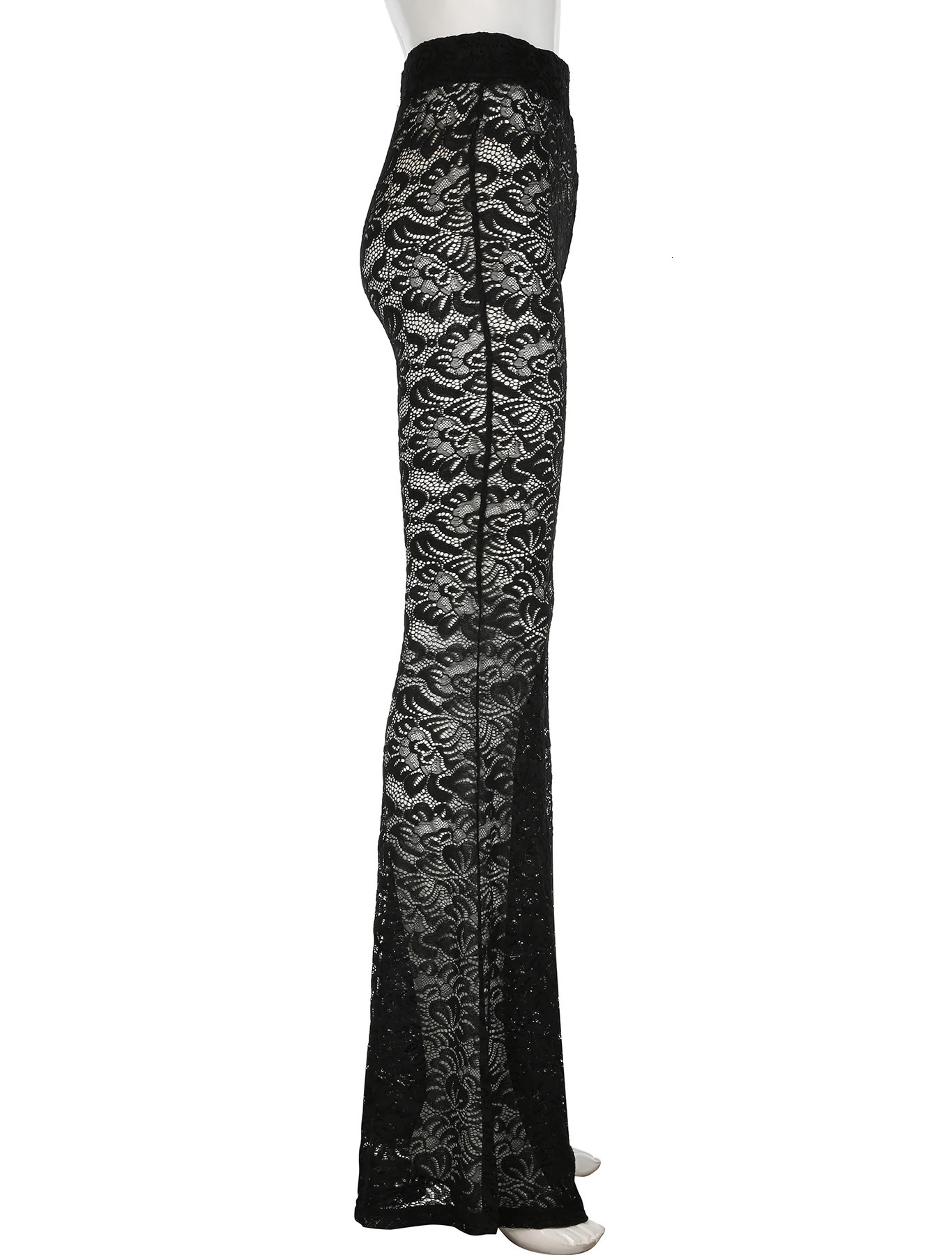 IAMSURE Sexy Slim Lace Flare Pants See Through Solid Mid-Waisted Wide Lege Pants Women Underwear Leggings Streetwear Ladies 250304
