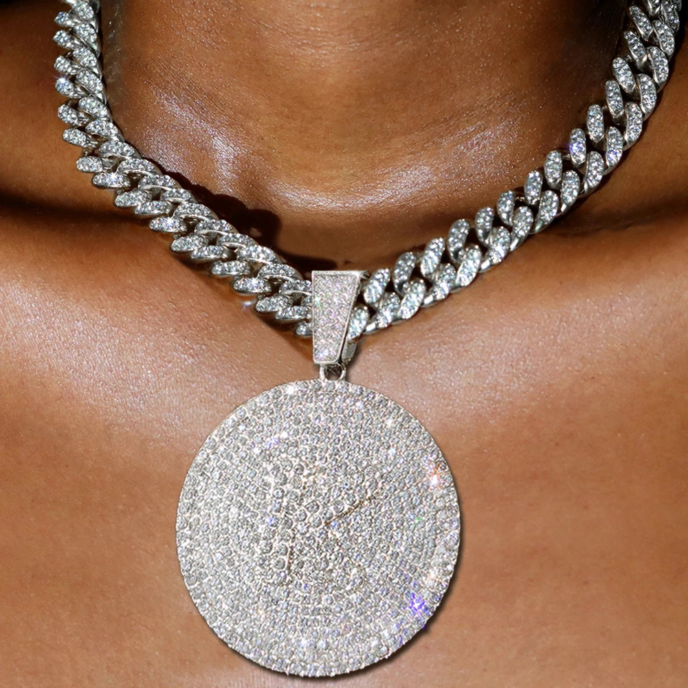 Bling A-Z Letters Pendant Necklace for Men Women Crystal Miami Cuban Link Chain Round Initials Necklace Fashion Jewelry 250305
