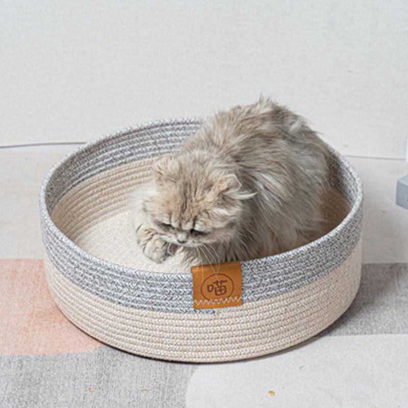 Woven Cat Basket Comfortable Pet Nest Kitten Sleeping Basket Scratching Board Mat Indoor Soft Cotton Rope Scratching Nap Bed