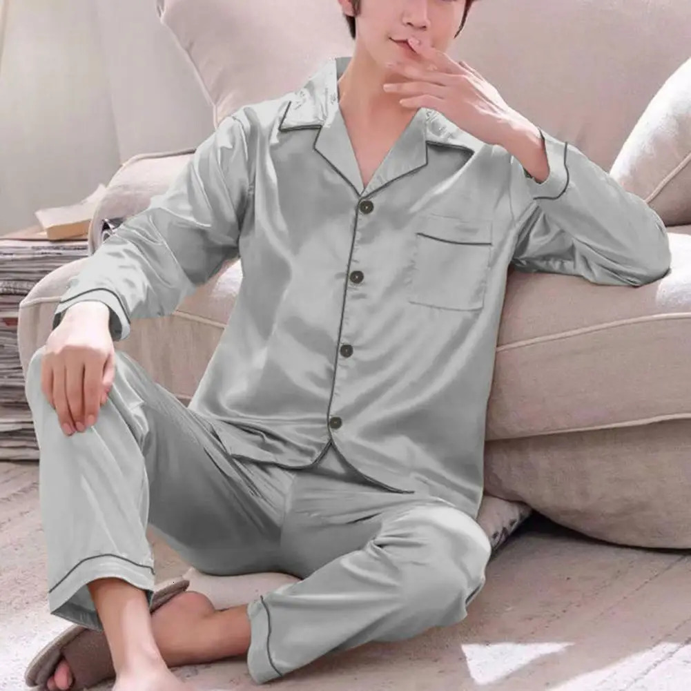 Ice Silk Pajamas Set Pullover Summer Long-sleeved Thin Silk Pajamas for Men Casual Homewear Suit Sleepwear Top Pants Clothing 250304