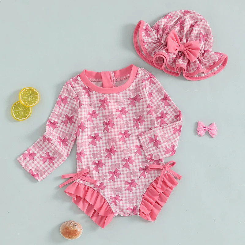 Toddler Girl Floral Rash Guard Swimsuit Set with Long Sleeve and Ruffle Bottom Bathing Suit Infant Swimwear and Sun Hat for 250304